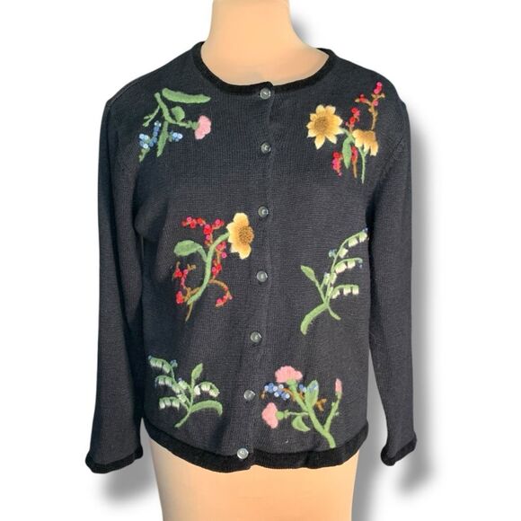 Vintage Y2K Embroidered Cardigan Sweater Dark Floral Pattern Cropped Knit Large - Picture 13 of 13